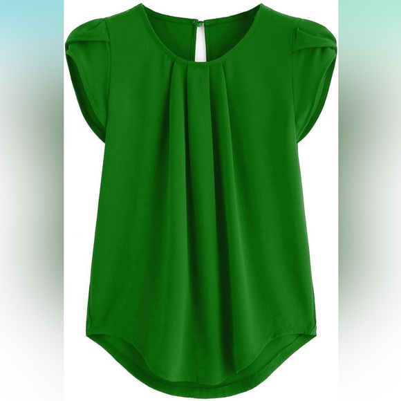 Amazon Tops - Women's Round Neck Basic Pleated Top Cap Sleeve Curved Keyhole Back Blouse